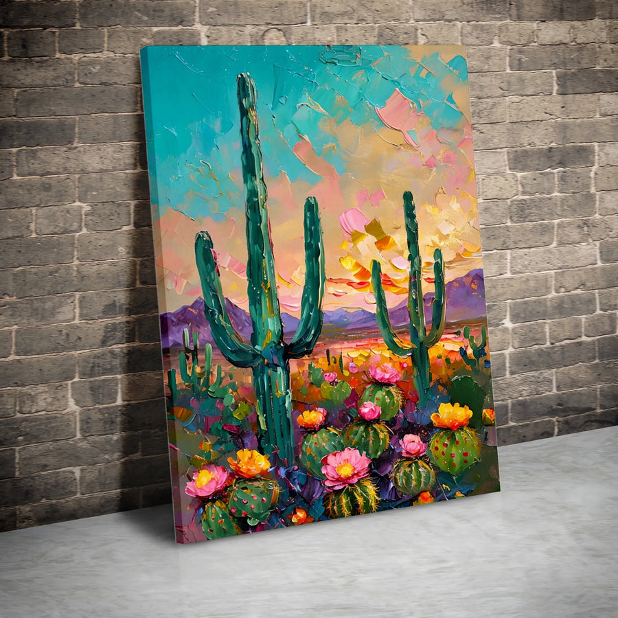 Colorful Desert Landscape Canvas Print | Saguaro Cactus Impasto Oil Painting Style | 1.25 Inch Gallery Wrap | Modern Boho Southwestern Home Decor