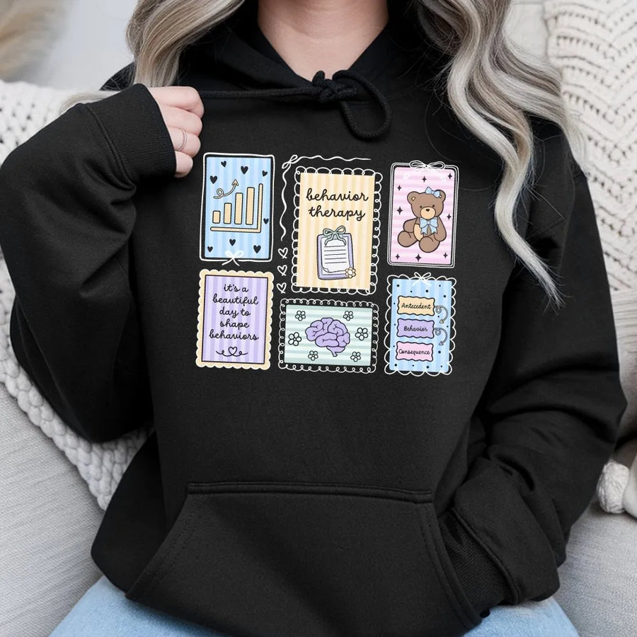 Behavior Analyst Hoodie | ABA Therapy Tools Collage Design | Soft Cotton Blend Sweatshirt | Gift for BCBA or Sped Teacher
