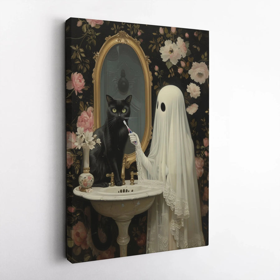 Ghost and Black Cat Canvas Wall Art | Vintage Gothic Bathroom Painting | Premium Gallery Canvas | Unique Whimsigoth Home Decor Gift