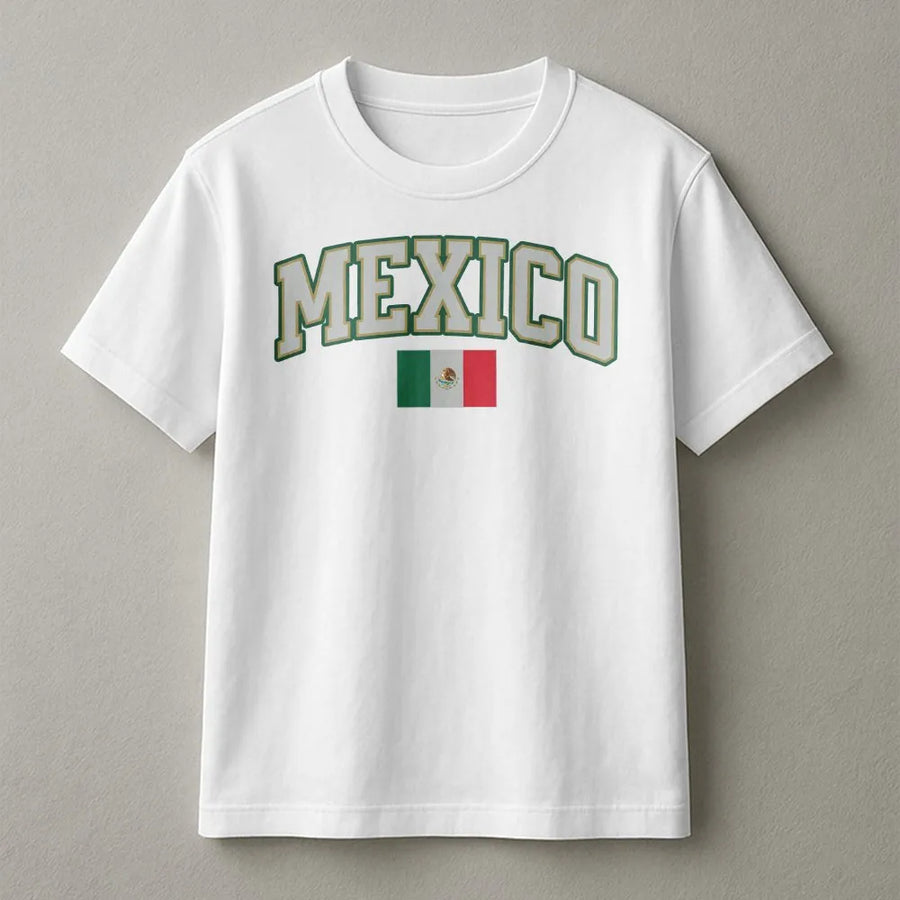 Mexico T-Shirt | Vintage Collegiate Arch Graphic & Flag | Soft Cotton Blend Crewneck | Gift for Mexican Soccer Fan, Patriotic Pride Apparel