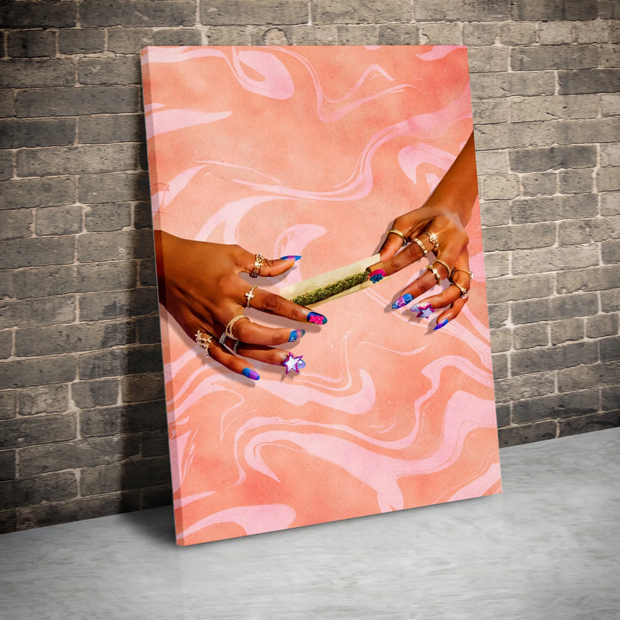 Stoner Aesthetic Vertical Canvas | Pink Psychedelic Swirl Hands Rolling Joint Print | Premium 1.25 Inch Gallery-Style Canvas | Trippy Room Decor Gift for Weed Lovers