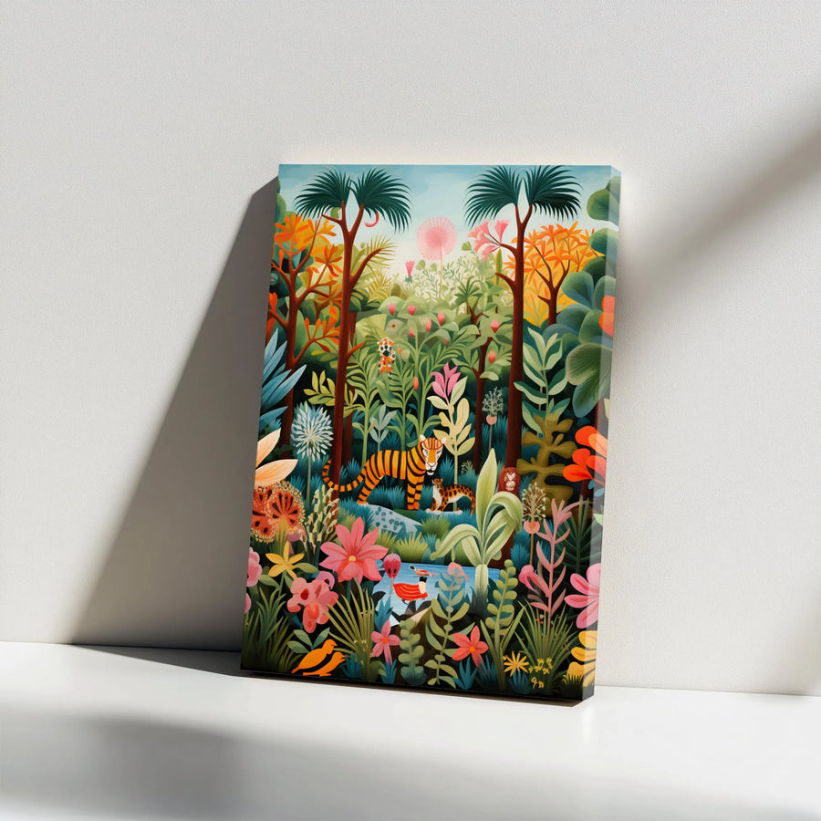 Jungle Tiger Canvas Print | Vibrant Tropical Botanical Wall Art | 1.25" Premium Gallery Wrap | Modern Home Decor Gift for Animal Lovers