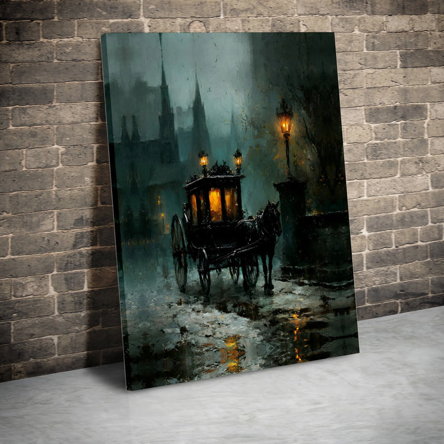 Gothic Horse and Carriage Canvas Print | Moody Victorian Rainy Street Art | Premium Fade-Resistant Print | Dark Academia Home Decor Gift