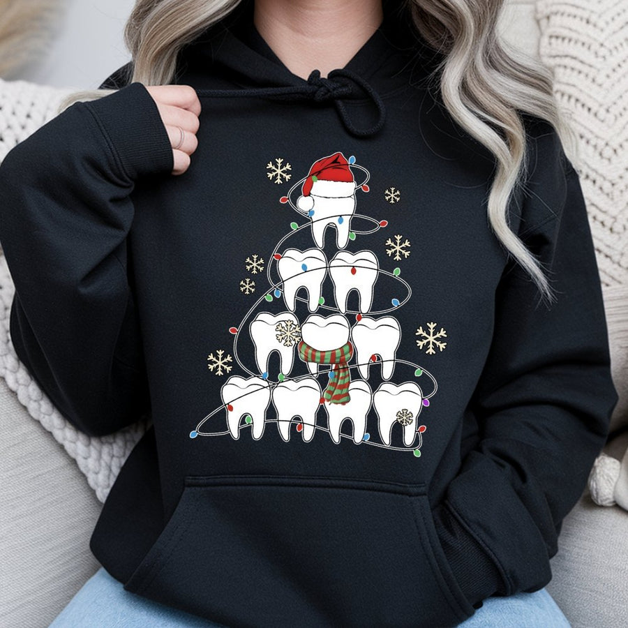 Dentist Christmas Tree Hoodie | Cute Tooth Holiday Graphic Design | Soft Cotton Blend Sweatshirt | Funny Dental Hygienist Gift for Him Her