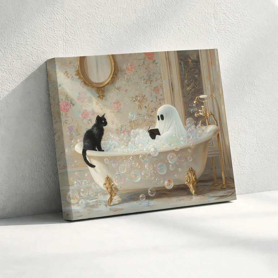 Ghost Reading in Bubble Bath Canvas Print | Whimsical Black Cat Wall Art | Premium Gallery Wrapped Decor | Spooky Cute Halloween Home Gift