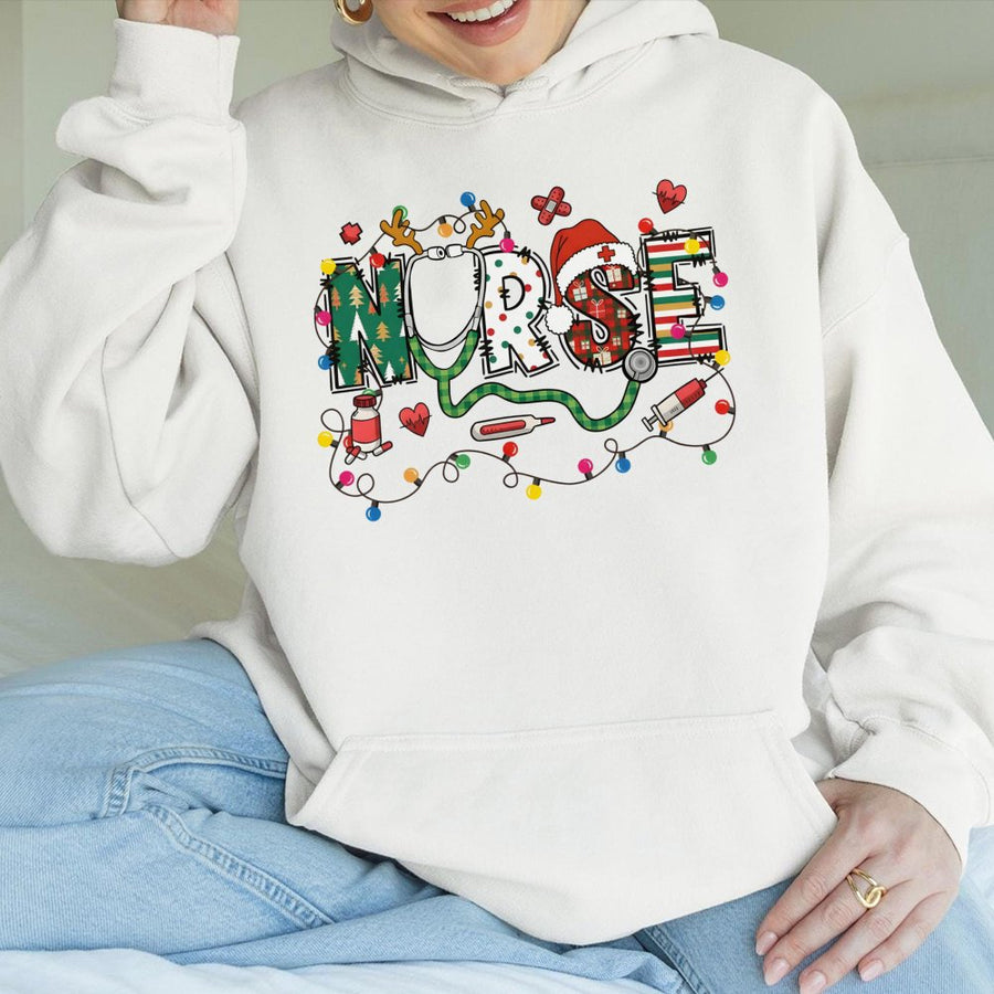 Christmas Nurse Hoodie | Festive Stethoscope Typography Design | Premium Cotton Blend | Gift for Nursing Students and RNs