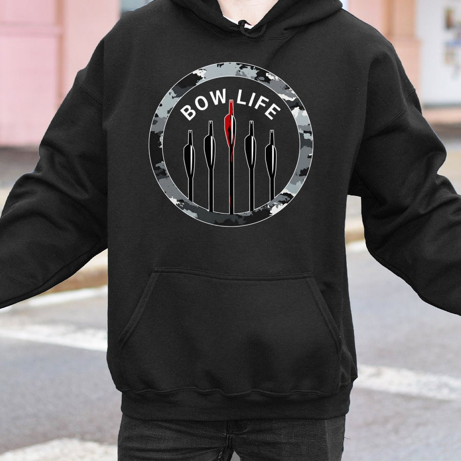 Bow Life Archery Hoodie | Camo Arrow Graphic Target Design | Premium Cotton-Poly Blend | Gift for Bow Hunters and Outdoor Enthusiasts