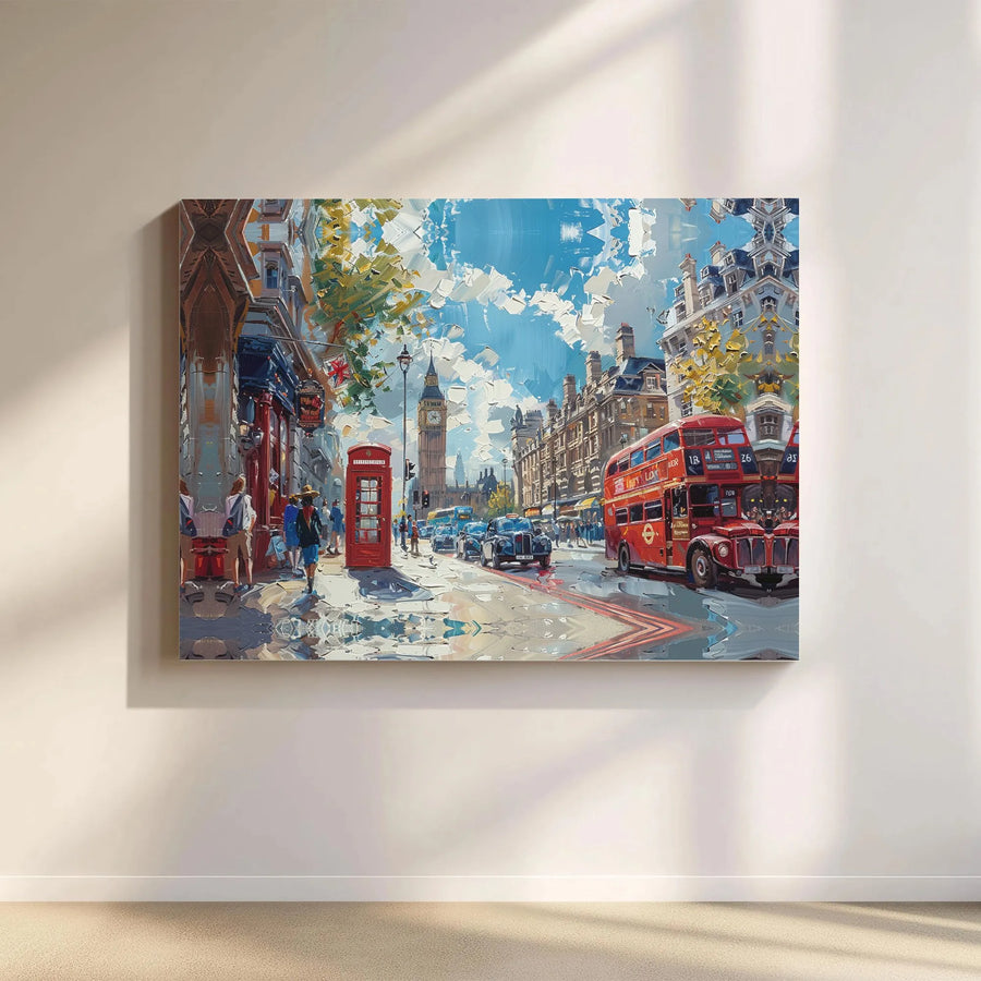 London Canvas Wall Art | Impressionist Cityscape with Red Bus & Big Ben | Gallery Wrapped Premium Canvas | British Home Decor Gift for Traveler