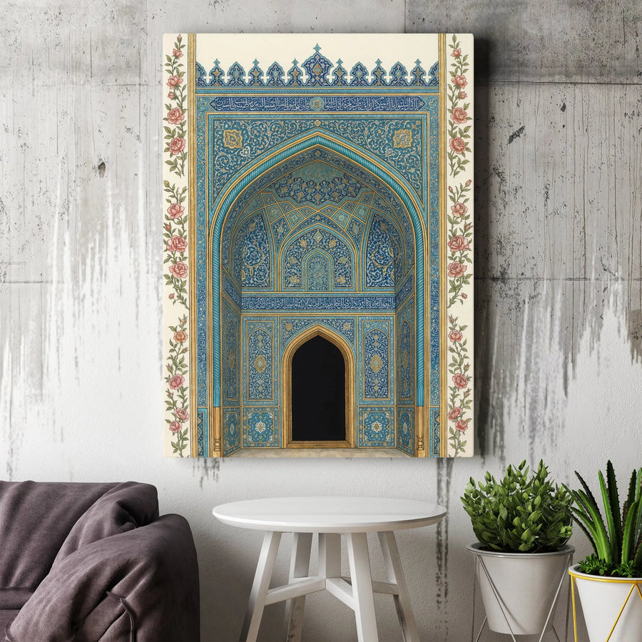 Islamic Mihrab Wall Art Vertical Canvas | Blue Arabesque Mosque Architecture & Rose Floral Borders | 1.25 Inch Gallery Wrap Print | Elegant Eid & Ramadan Gift, Muslim Home Decor