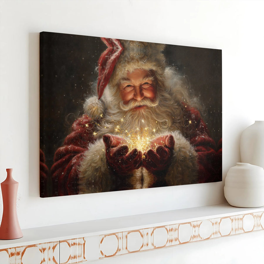 Santa Claus Canvas Wall Art | Magical Christmas Glowing Lights Design | Premium 1.25 inch Gallery Wrap | Festive Holiday Home Decor Gift