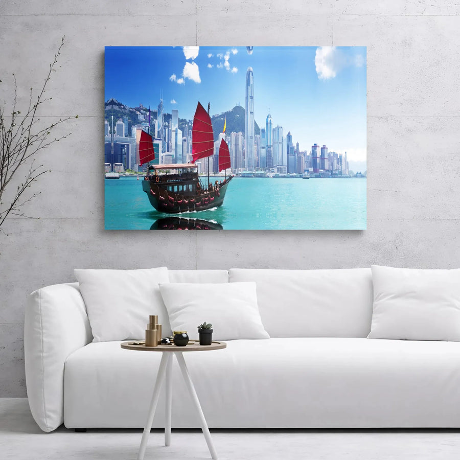 Hong Kong Skyline Canvas Print | Traditional Junk Boat Harbour Scene | 1.25 Inch Gallery Wrap | Premium Travel Decor Wall Art