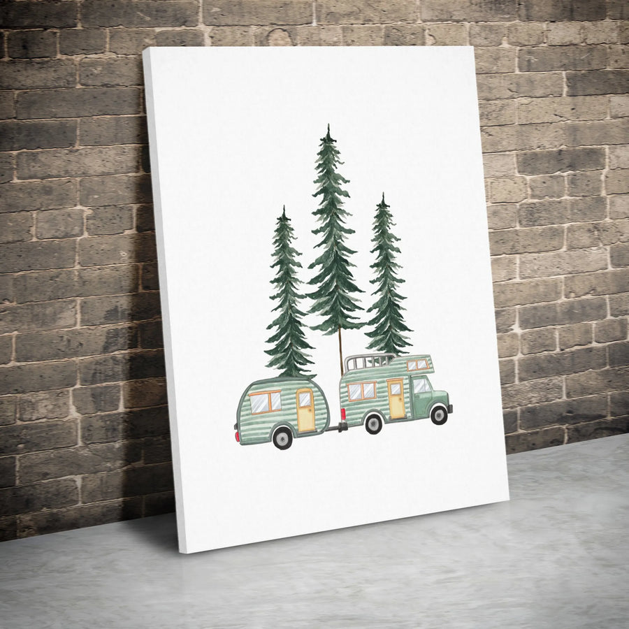 Vintage Camper Van Canvas Print | Watercolor Pine Trees Wall Art | Gallery Quality 1.25-inch Profile | Nature Lover Home Decor Gift