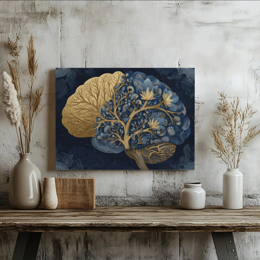 Anatomy Brain Canvas Print | Gold & Blue Botanical Tree of Life | Premium Gallery Wrapped Wall Art | Neurology Office Decor Gift for Doctor
