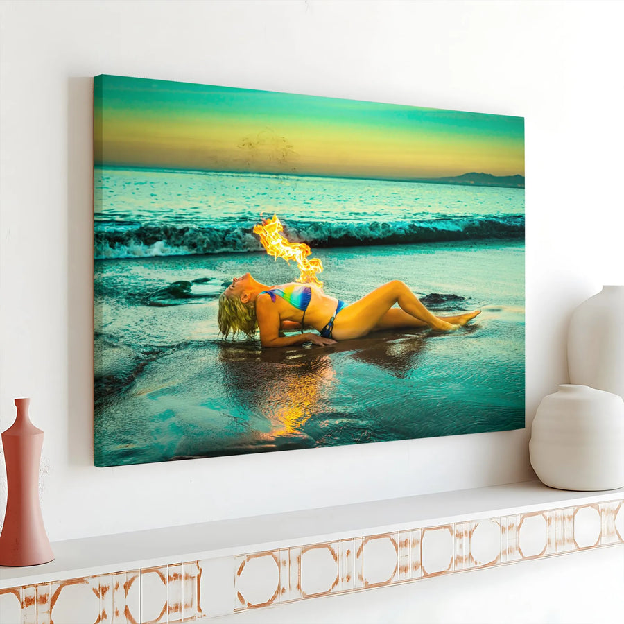 Fire Breather Canvas Art | Surreal Beach Sunset Photography | Premium Gallery Wrap Wall Decor | Statement Piece for Living Room