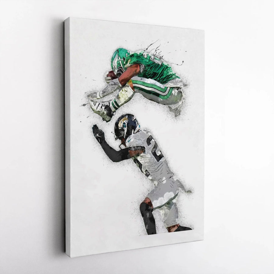 American Football Canvas Art | Hurdling Player Watercolor Splatter Print | 1.25-Inch Premium Gallery Wrap | Sports Decor Gift for Fans