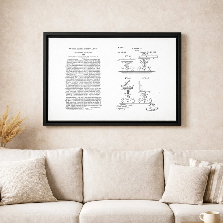 Vintage Table Patent Print | 1884 Industrial Drawing Wall Art | Premium Gallery Wrapped Canvas | Gift for Architect Engineer or Office Decor