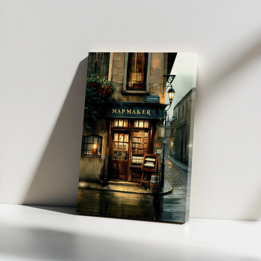 Map Maker Shop Canvas Wall Art | Rainy Victorian Street Scene | Premium Gallery Wrap Decor | Moody Vintage Aesthetic Gift For Readers