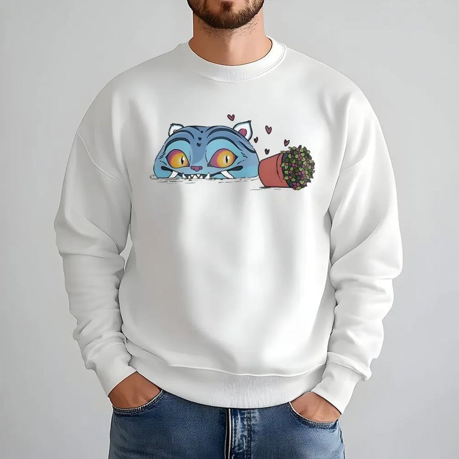 Whimsical Cat Sweatshirt | Derpy Monster Kitty With Potted Plant | Premium Cotton Blend | Gift For Cat Lovers And Anime Fans