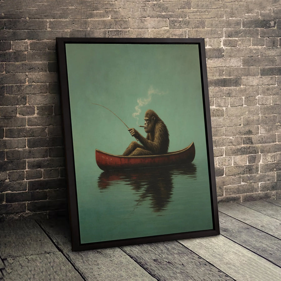 Bigfoot Fishing Wall Art | Funny Sasquatch Smoking Cigar in Red Canoe | Premium Gallery Wrap Canvas | Unique Cabin & Office Decor Gift
