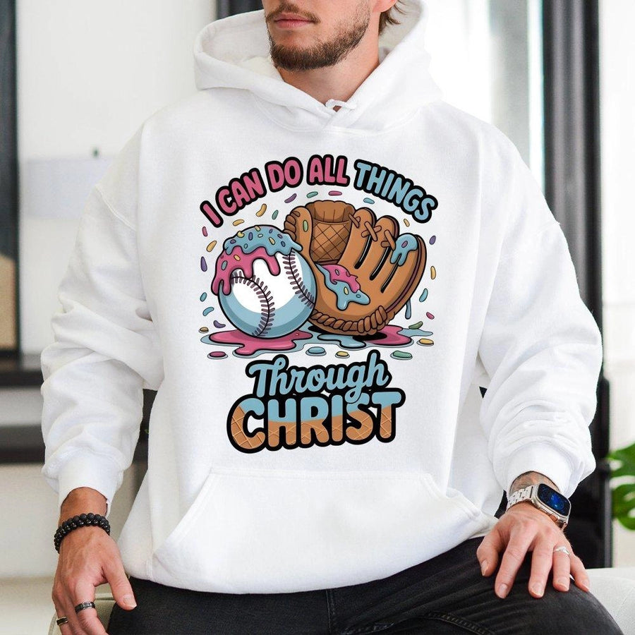 I Can Do All Things Through Christ Hoodie | Ice Cream Drip Baseball Graphic | Premium Cotton Blend | Faith-Based Inspirational Gift For Athletes