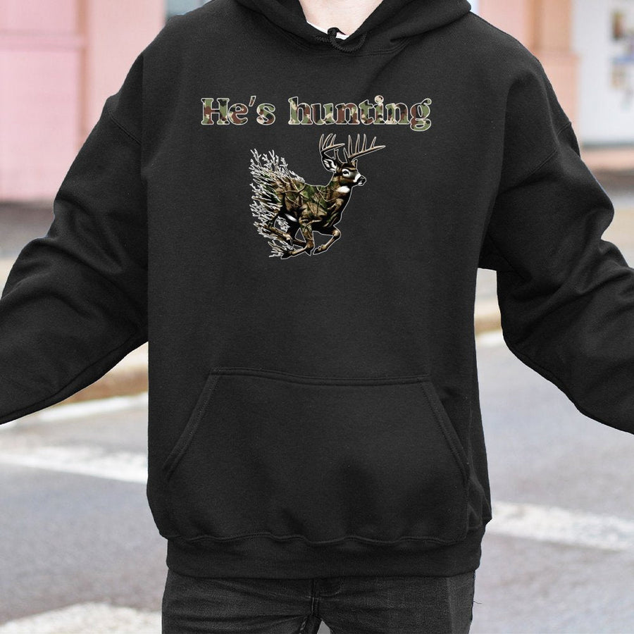 He's Hunting Deer Hoodie | Camo Buck Wildlife Graphic | Premium Cotton-Poly Blend | Outdoorsman Gift for Hunter