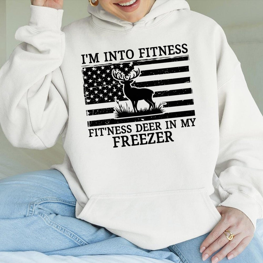 Funny Deer Hunting Hoodie | I'm Into Fitness Deer In My Freezer Graphic | Premium Cotton Blend Apparel | Unique Gift for Hunters & Outdoorsmen