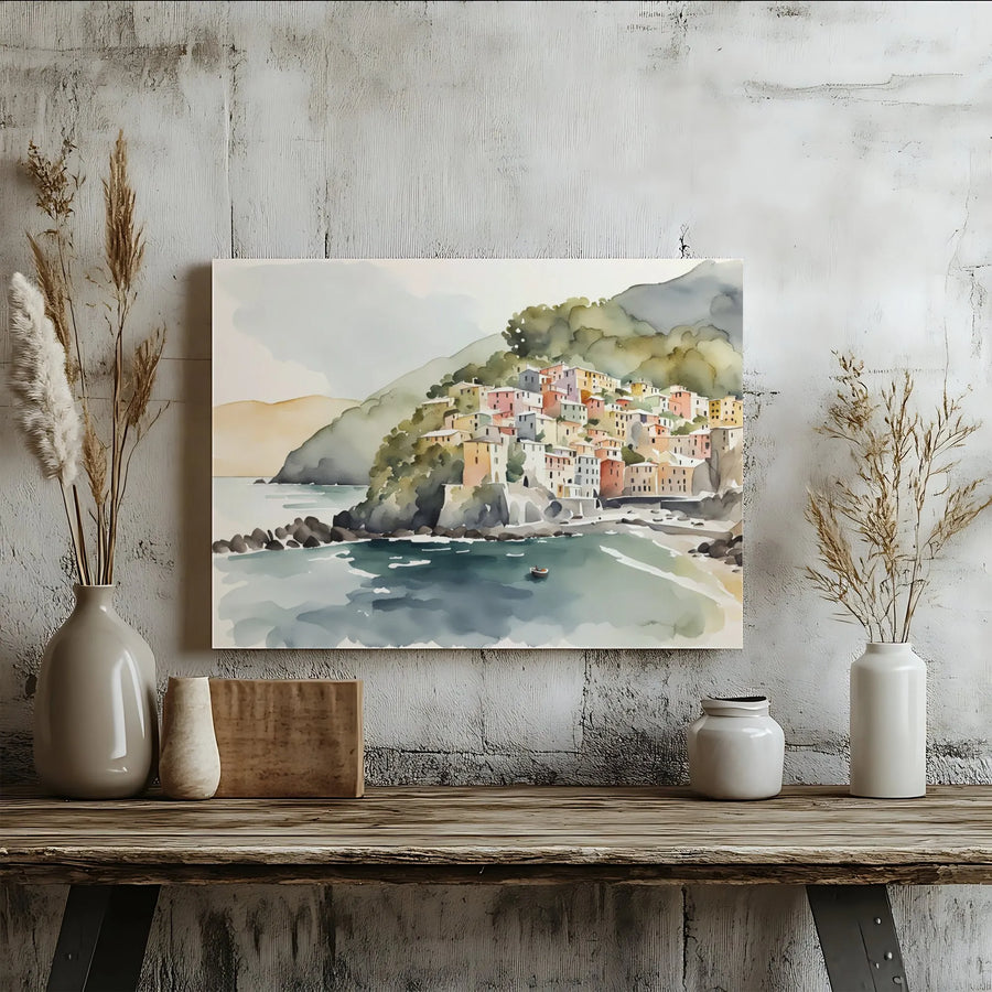 Coastal Italian Village Canvas Art | Watercolor Mediterranean Seascape Print | Premium Gallery-Wrapped Wall Decor | Travel Lover Housewarming Gift