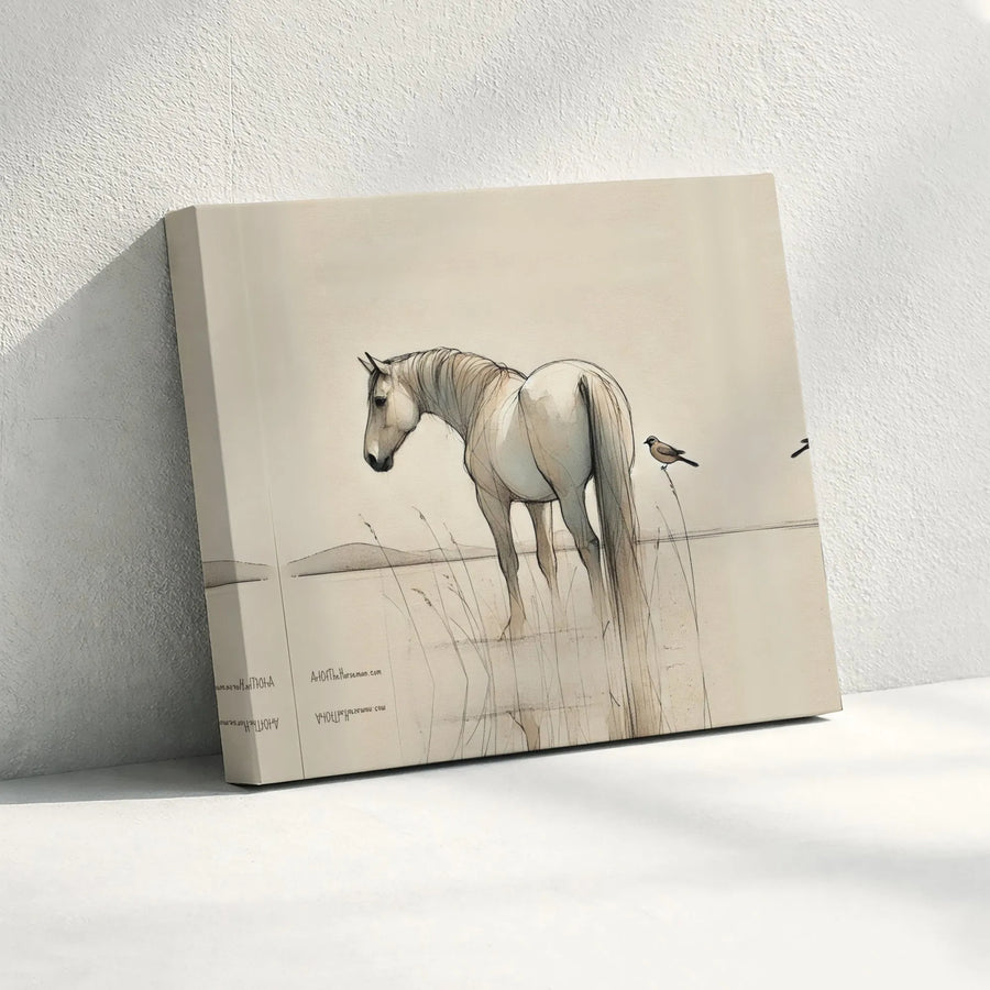 Horse and Bird Sketch Canvas Wall Art | Minimalist Equestrian Line Drawing | Premium 1.25-inch Gallery Wrapped Print | Elegant Farmhouse Decor Gift