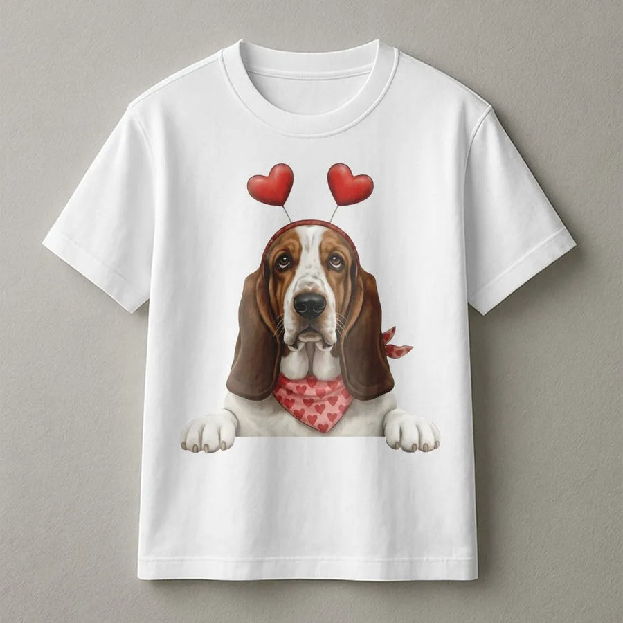 Basset Hound Valentine T-Shirt | Cute Heart Headband Dog Design | Premium Cotton Tee | Romantic Gift for Dog Moms & Pet Lovers