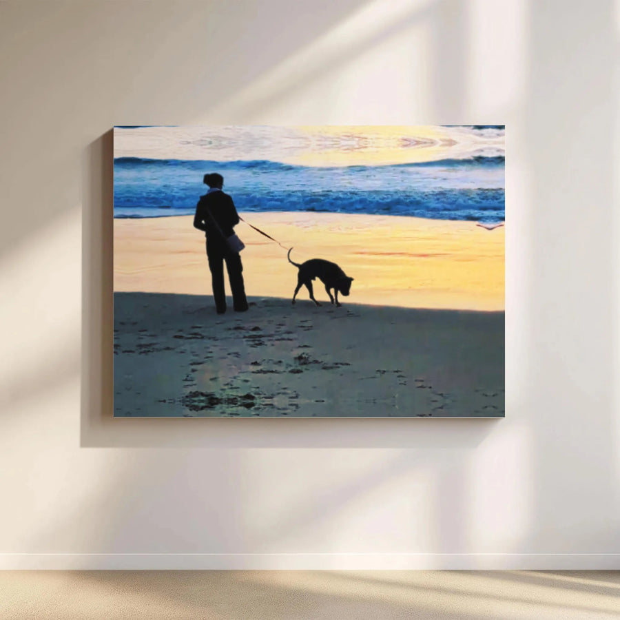 Dog Walking Beach Canvas | Sunset Silhouette Wall Art | Premium Gallery Wrapped Decor | Gift for Dog Lovers