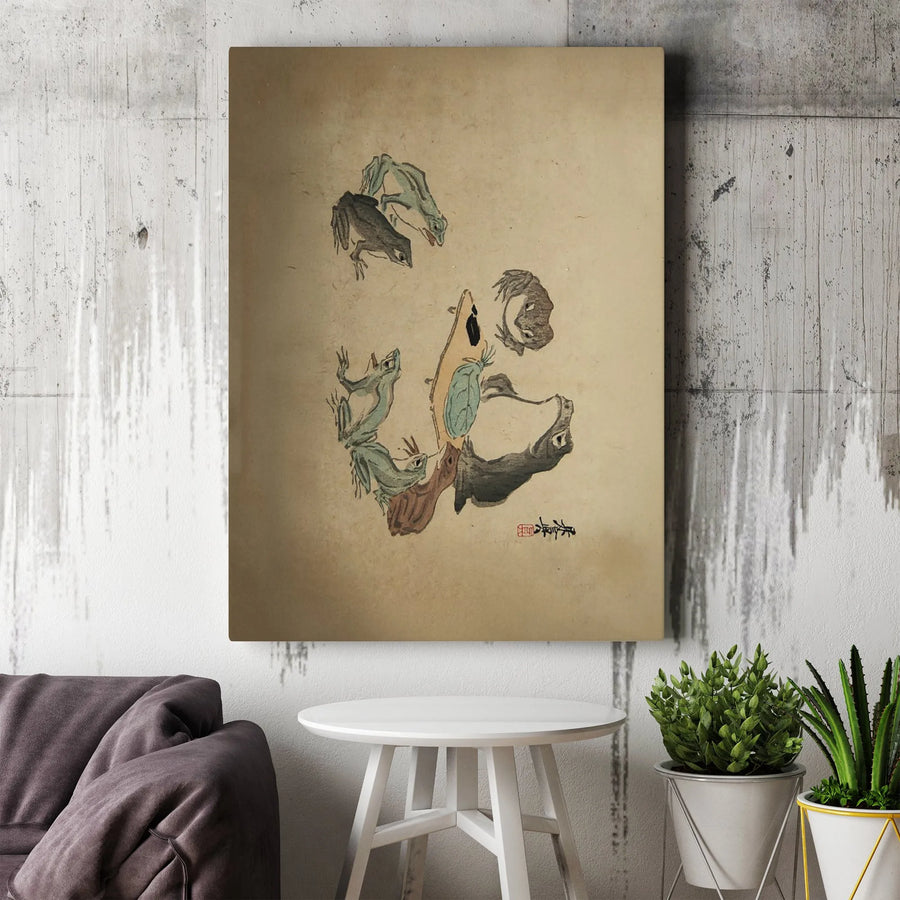 Japanese Ukiyo-e Frog Wrestling Canvas Print | Choju-giga Animal Scroll Art | Gallery Wrapped Premium Wall Decor | Unique Gift for Art Lovers