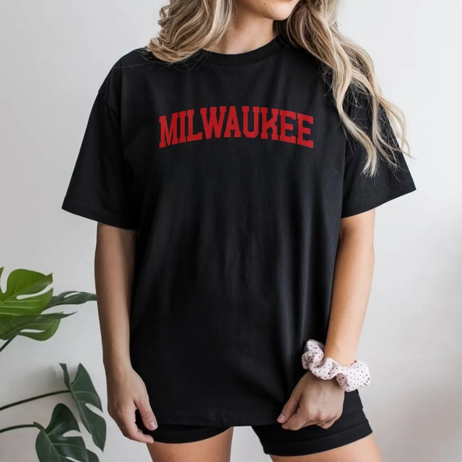 Milwaukee Wisconsin T-Shirt | Vintage Style Arched College Font | Premium Soft Cotton Tee | City Pride Souvenir Gift for Him and Her