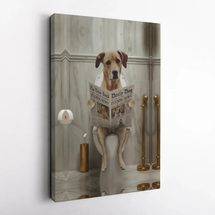 Funny Dog on Toilet Canvas Wall Art | Dog Reading Newspaper in Bathroom | Premium Gallery Wrap Canvas | Unique Gift for Dog Lover & Bathroom Decor