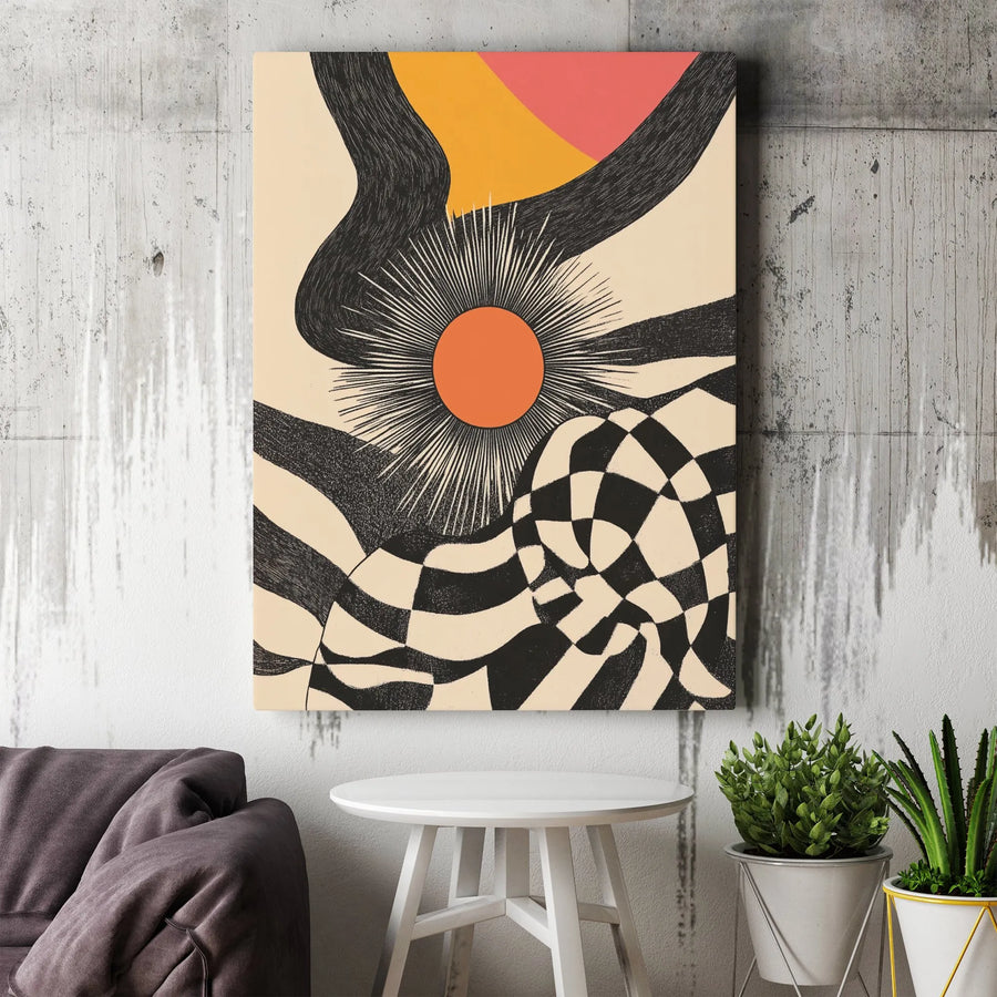 Abstract Sun Canvas Wall Art | Mid-Century Modern Warped Checkerboard | Premium Gallery Wrap Print | Aesthetic Home Decor For Living Room