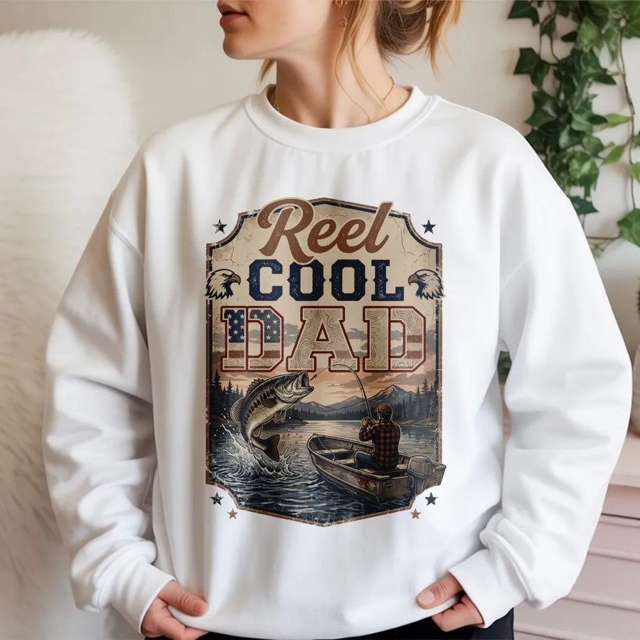 Reel Cool Dad Fishing Sweatshirt | Vintage American Flag Bass Graphic | Premium Cotton Blend | Father's Day Gift for Fisherman Dad