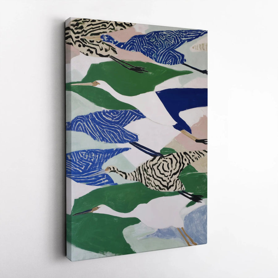 Abstract Crane Canvas Wall Art | Flying Birds with Zebra Pattern Print | 1.25-Inch Gallery Wrap | Modern Home Office Decor