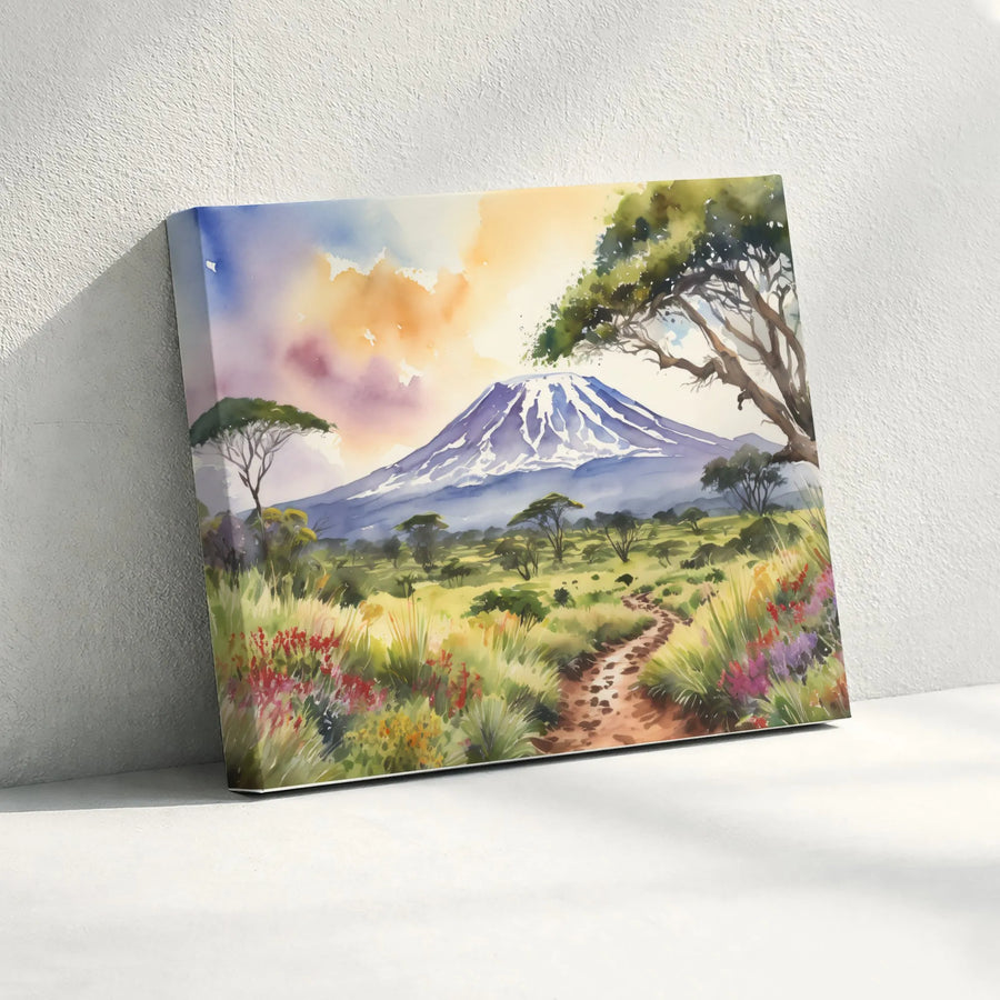 Mount Kilimanjaro Canvas Wall Art | Watercolor African Savanna Landscape | Gallery Quality Print | Nature Lover Travel Gift