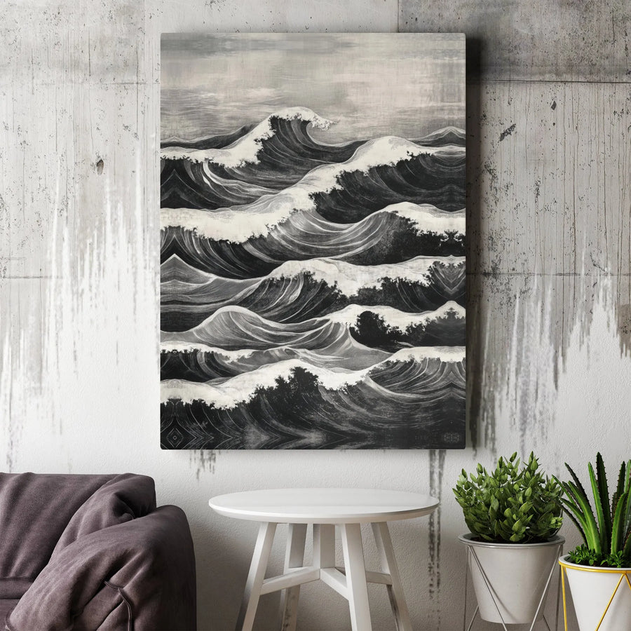Japanese Wave Canvas Wall Art | Monochrome Ukiyo-e Style Seascape | Premium Gallery Wrapped Canvas | Minimalist Coastal Home Decor Gift