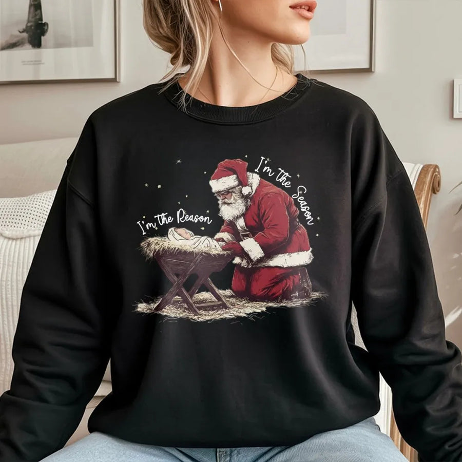 Jesus Is The Reason For The Season Sweatshirt | Kneeling Santa Nativity Graphic | Soft Cotton Blend Crewneck | Religious Christmas Gift For Christians