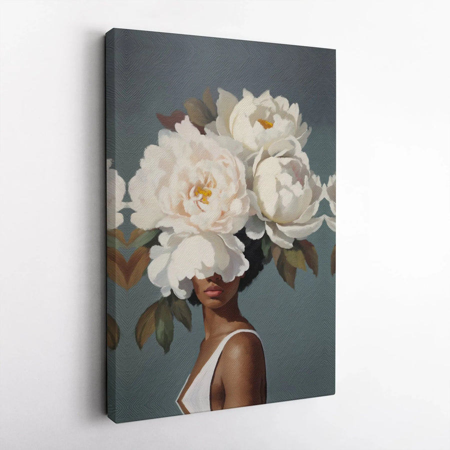 Black Woman Floral Portrait Canvas | White Peony Flower Art Print | Gallery-Quality 1.25" Profile | Modern Aesthetic Home Decor Wall Art