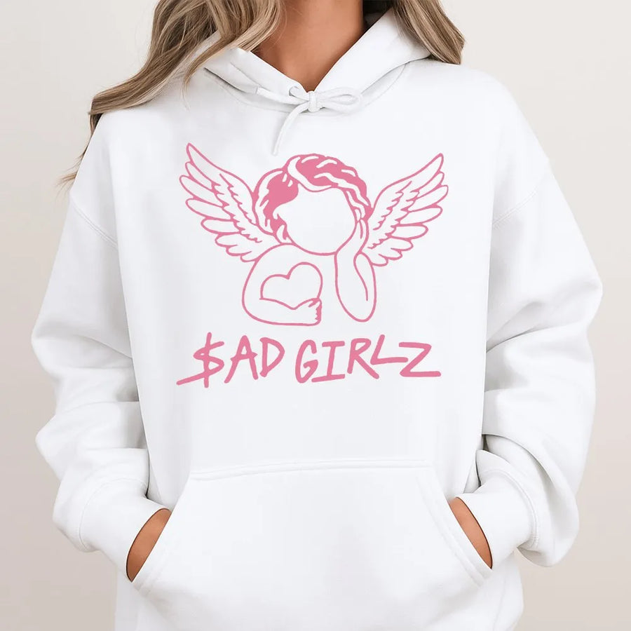 Sad Girlz Hoodie | Pink Angel Graphic Streetwear | Soft Cotton-Polyester Fleece | Aesthetic Gift For Her