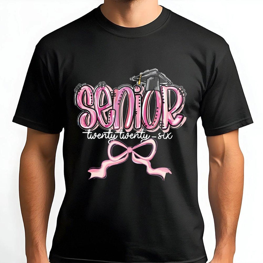 Senior 2026 T-Shirt | Pink Bow Graduation Cap Graphic Tee | Premium Cotton Casual Wear | Cute Gift for High School and College Senior Students