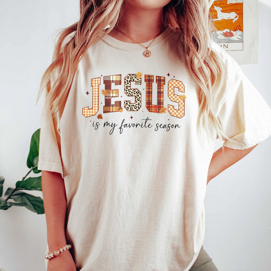 Jesus Is My Favorite Season T-Shirt | Fall Plaid Leopard Print Graphic | Premium Soft Cotton | Christian Faith Gift for Women & Men