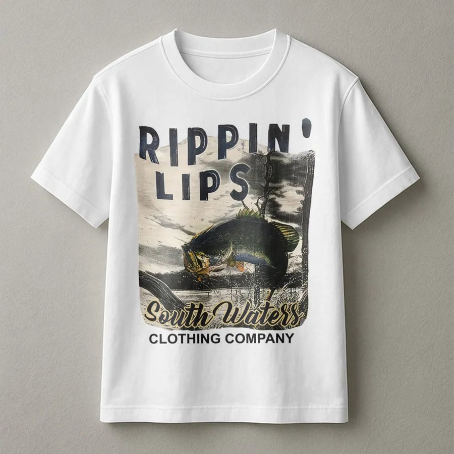 Bass Fishing T-Shirt | Rippin Lips Graphic Design | Premium Cotton Apparel | Gift for Anglers, Fishermen and Outdoor Enthusiasts
