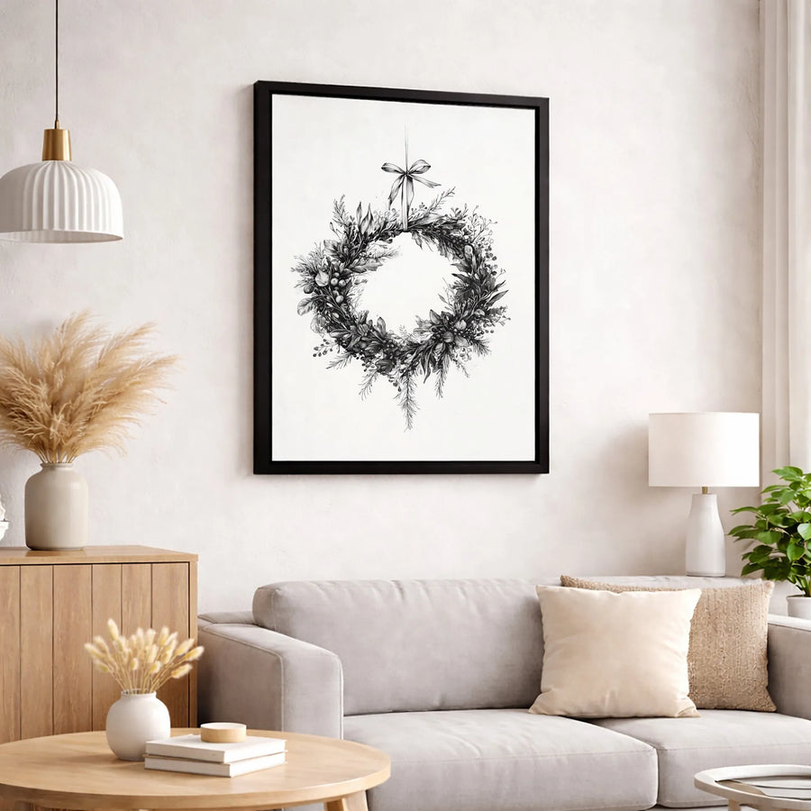 Christmas Wreath Canvas Wall Art | Botanical Line Sketch Print | Premium Gallery Wrapped Decor | Holiday Minimalist Home Gift