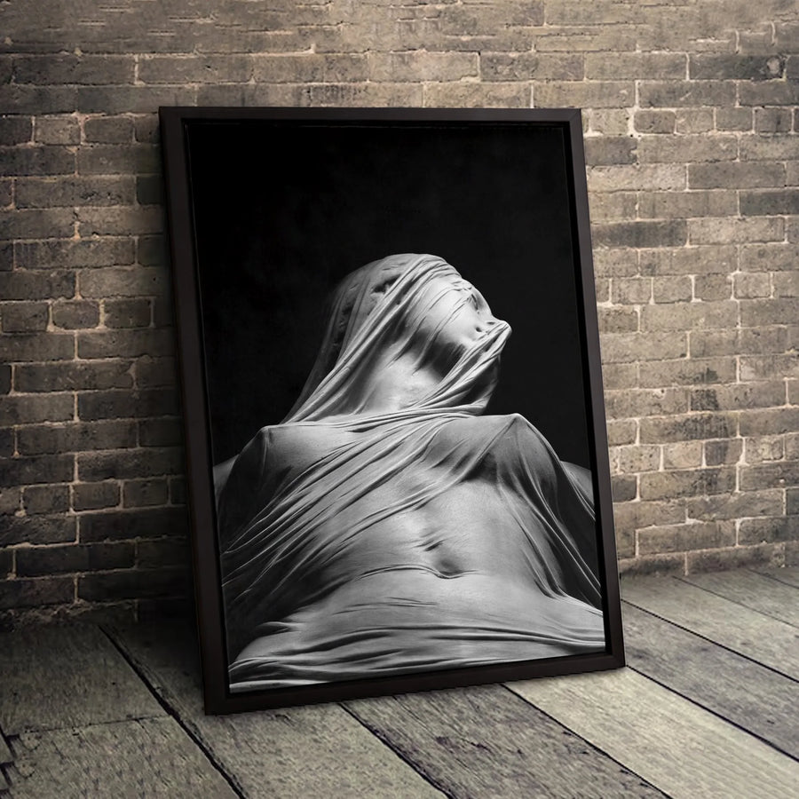 Veiled Woman Canvas Art | Surreal Gothic Shrouded Figure | Premium Fade-Resistant Gallery Print | Moody Black and White Home Decor Wall Art