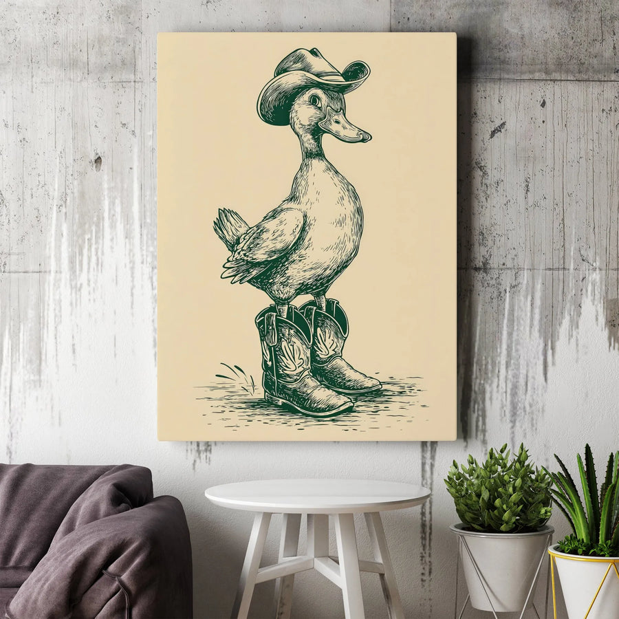 Cowboy Duck Canvas Art | Whimsical Western Sketch Print | Premium Gallery-Wrapped Wall Decor | Unique Farmhouse Gift for Animal Lovers