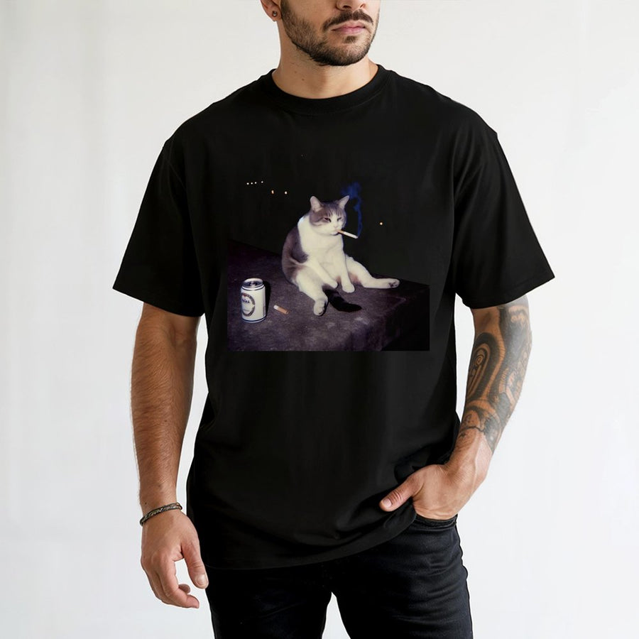 Funny Cat T-Shirt | Smoking Cat With Beer Graphic | 100% Cotton Premium Tee | Quirky Animal Lover Gift For Men And Women