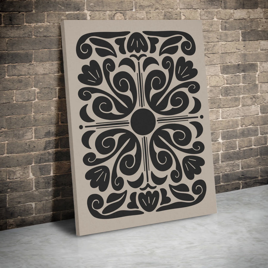 Symmetrical Folk Art Floral Canvas | Black and Beige Botanical Print | 1.25-Inch Gallery Wrap | Modern Minimalist Home Wall Decor