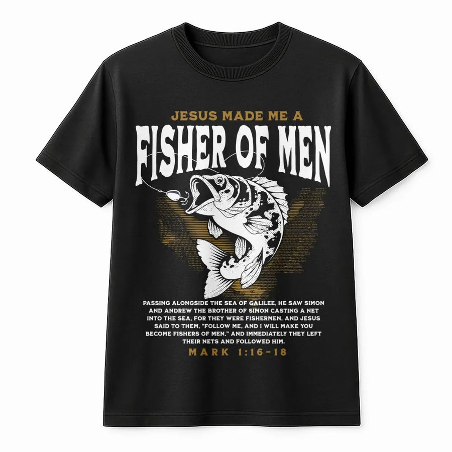 Fisher Of Men T-Shirt | Bible Verse Mark 1:16-18 Graphic Print | 100% Soft Cotton Premium Tee | Christian Fishing Gift For Men And Women
